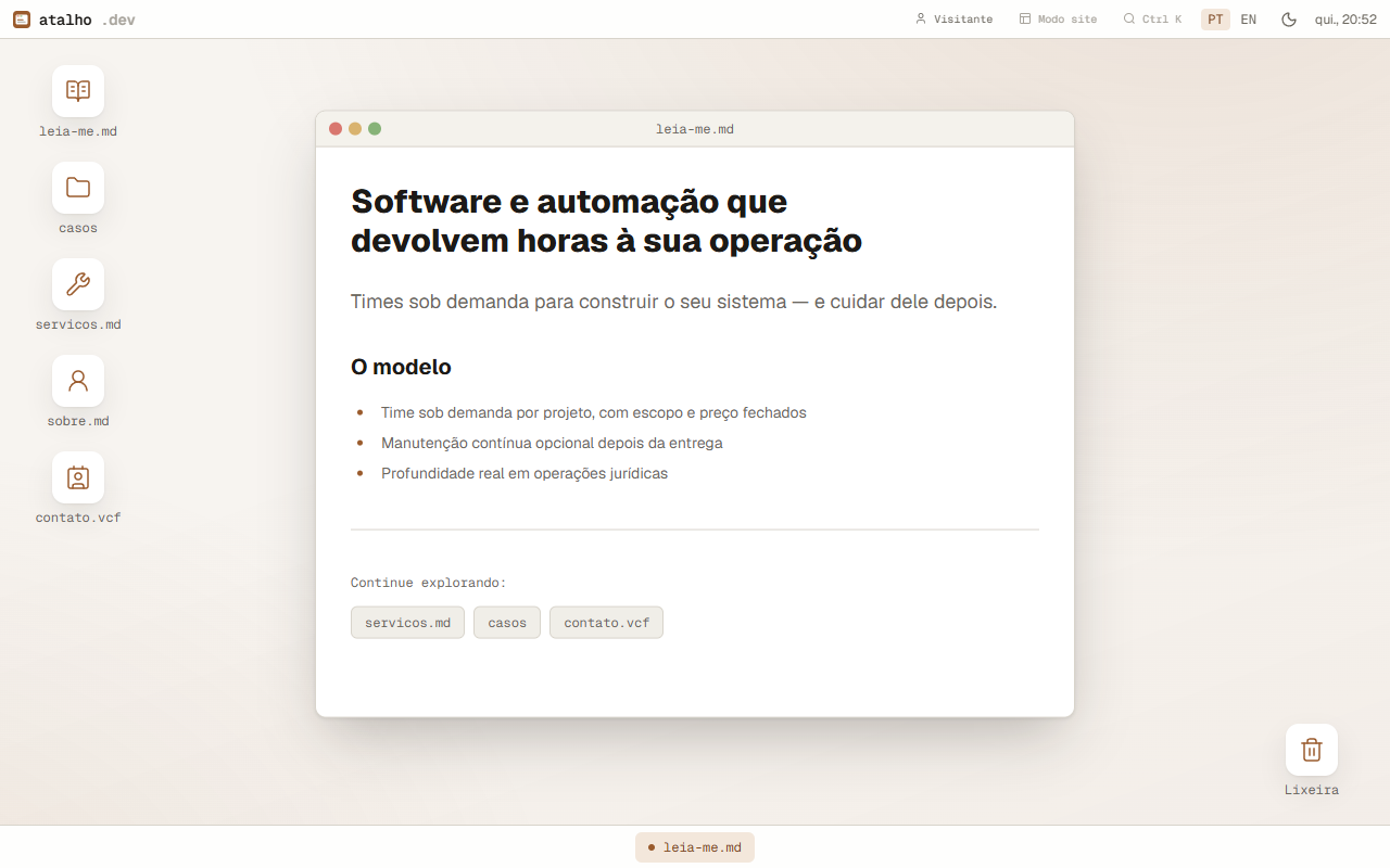 atalho.dev desktop mode: a read-me.md window open over the desktop, with file icons and a taskbar
